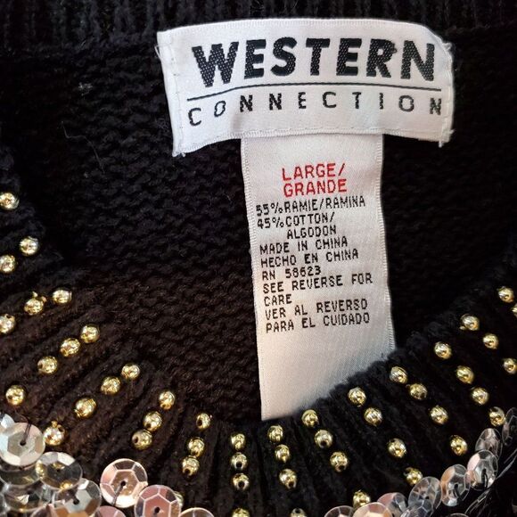 Vintage Sequin Beaded Bling Sweater Black Silver Gold Western Connection L - Picture 5 of 5